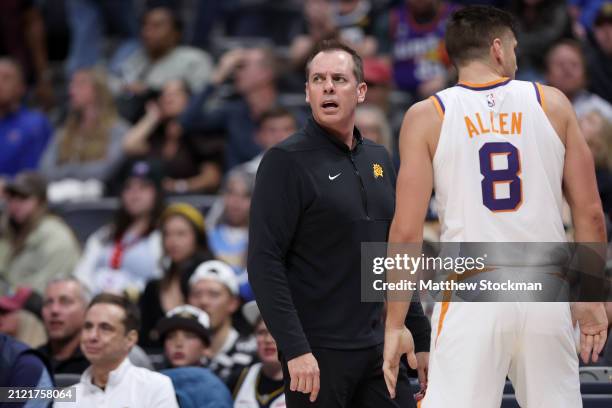 Head coach Frank Vogel of the Phoenix Suns watches as his team plays the Denver Nuggets during the fourth quarter at Ball Arena on March 27, 2024 in...