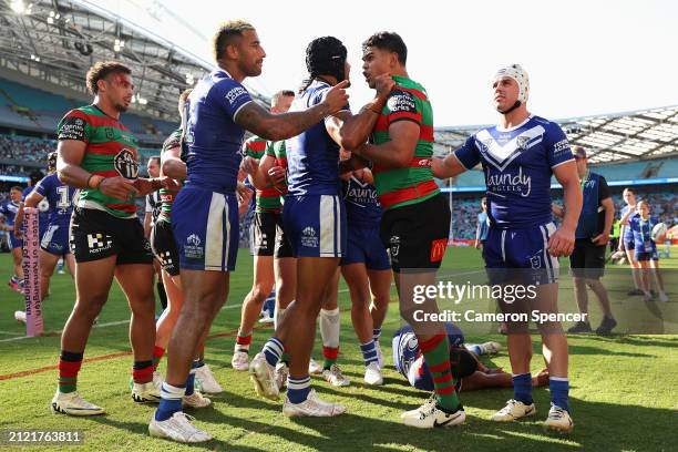 Viliame Kikau of the Bulldogs exchanges words with Latrell Mitchell of the Rabbitohs during the round four NRL match between South Sydney Rabbitohs...