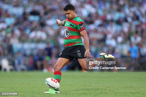 Latrell Mitchell of the Rabbitohs kicks a penalty during the round four NRL match between South Sydney Rabbitohs and Canterbury Bulldogs at Accor...