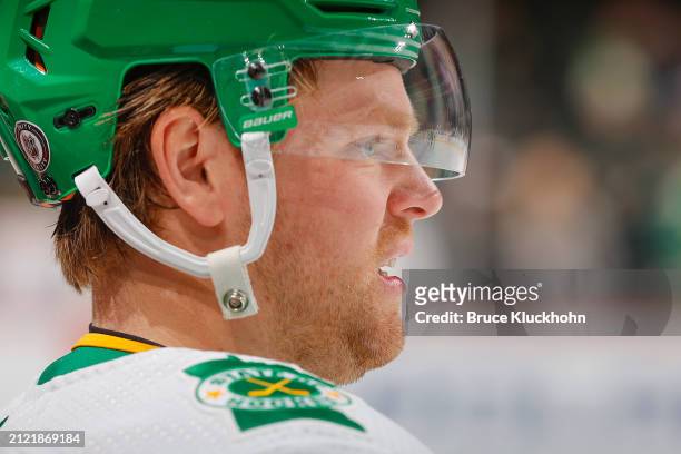 Mason Shaw of the Minnesota Wild warms up prior to the game against the St. Louis Blues at the Xcel Energy Center on March 23, 2024 in Saint Paul,...