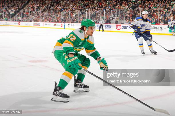 Marat Khusnutdinov of the Minnesota Wild skates against the St. Louis Blues during the game at the Xcel Energy Center on March 23, 2024 in Saint...