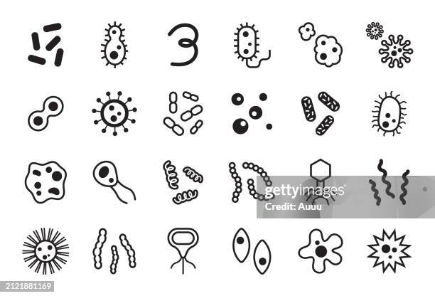 ilustraciones, imágenes clip art, dibujos animados e iconos de stock de conjunto de iconos de germen - bacteria