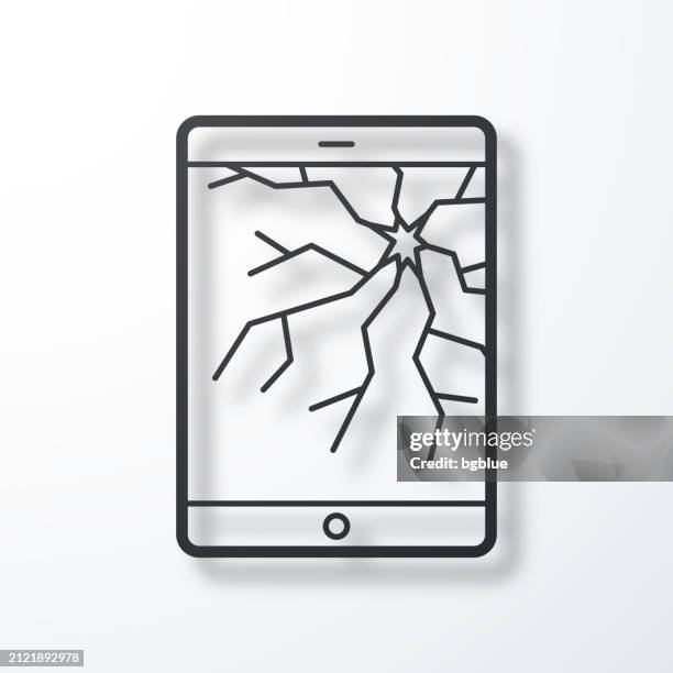 tablet pc with broken screen. line icon with shadow on white background - broken tablet screen stock illustrations