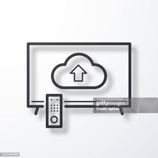 cloud upload from tv. line icon with shadow on white background - smart tv stock illustrations