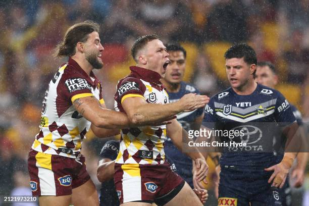 Billy Walters of the Broncos celebrates a try during the round four NRL match between Brisbane Broncos and North Queensland Cowboys at Suncorp...