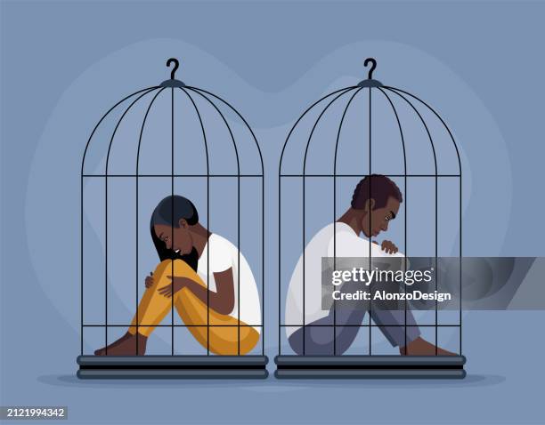 stockillustraties, clipart, cartoons en iconen met african american couple in a cage. concept of mental psychological problems. - geestelijke mishandeling