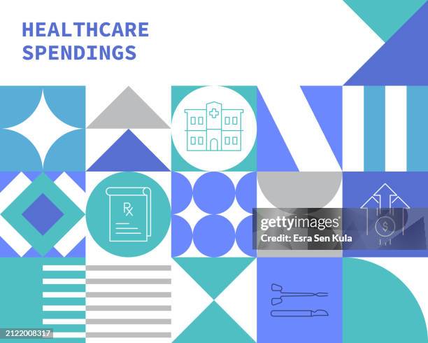 healthcare spending concept bauhaus style background design with editable stroke line icons - data-reporting-background stock illustrations
