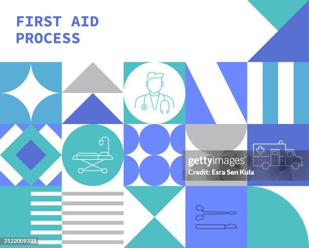 first aid process concept bauhaus style background design with editable stroke line icons - maternity ward stock illustrations