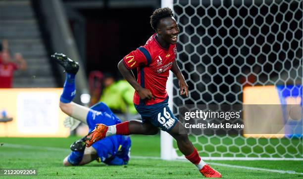 Nestory Irankunda of Adelaide United celebrates after scoring his teams third goal during the A-League Mens round 22 match between Adelaide United...