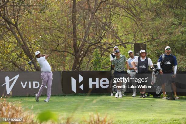 Anirban Lahiri of India tees off on the 11th hole during day two of the Hero Indian Open at DLF Golf and County Club on March 29, 2024 in Singapore.