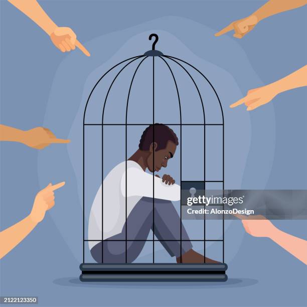 illustrazioni stock, clip art, cartoni animati e icone di tendenza di uomo afroamericano rinchiuso in una gabbia. le mani delle persone indicano un uomo afroamericano. - pregiudizio