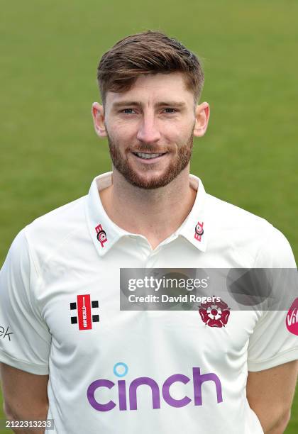 Rob Keogh poses for a portrait during the Northamptonshire CCC photocall held at the County Ground on March 29, 2024 in Northampton, England.