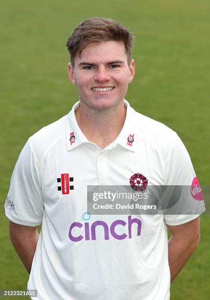 Gus Miller poses for a portrait during the Northamptonshire CCC photocall held at the County Ground on March 29, 2024 in Northampton, England.