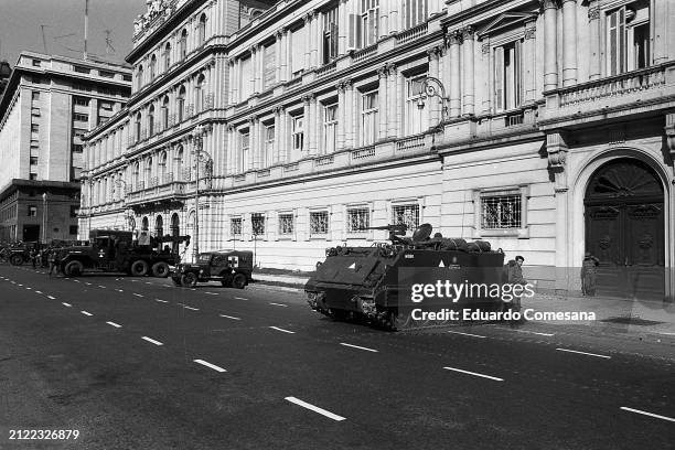 View of Argentine Army tanks stationed in front of Government House during a military coup, Buenos Aires, Argentina, March 24, 1976. The coup ousted...