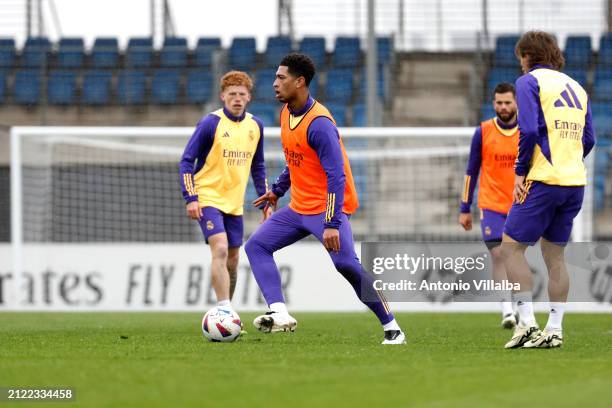 Jude Bellingham player of Real Madrid is training at Valdebebas training ground on March 29, 2024 in Madrid, Spain.