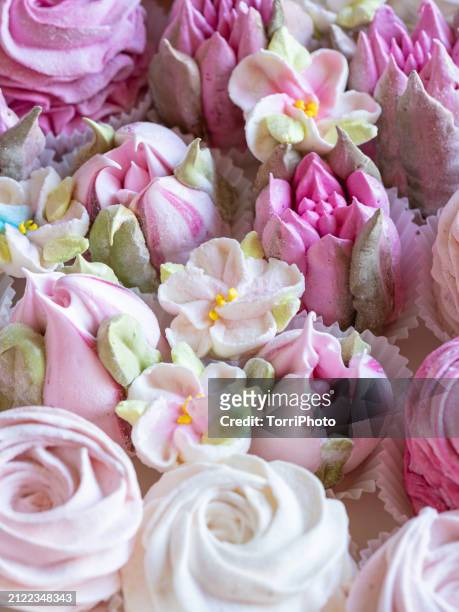 close-up pink and cream colored rosettes made from marshmallows, shaped like roses and tulips of different sizes stacked by the side of each other. zefir or zephyr flowers in the style of shabby chic - gelatin powder fotografías e imágenes de stock