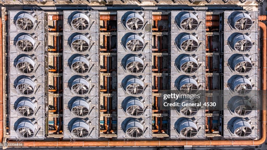 Compressor Top View With Fans Aerial Top View Cooling Equipment In A Modern Factory Fans Are Working ...