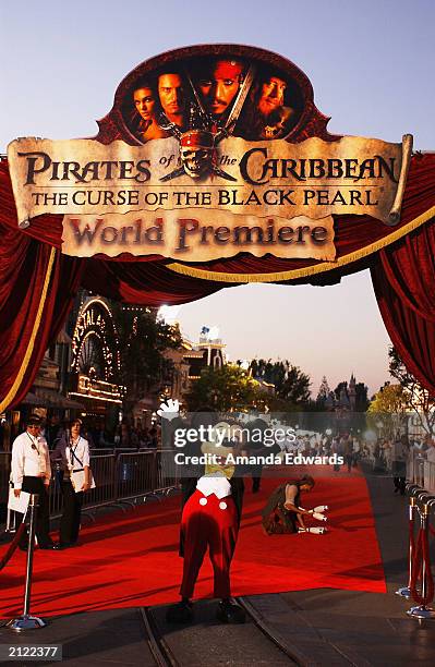 Mickey Mouse stands near the red carpet at the World Premiere of "Pirates of the Caribbean: The Curse of the Black Pearl" on June 28, 2003 at...