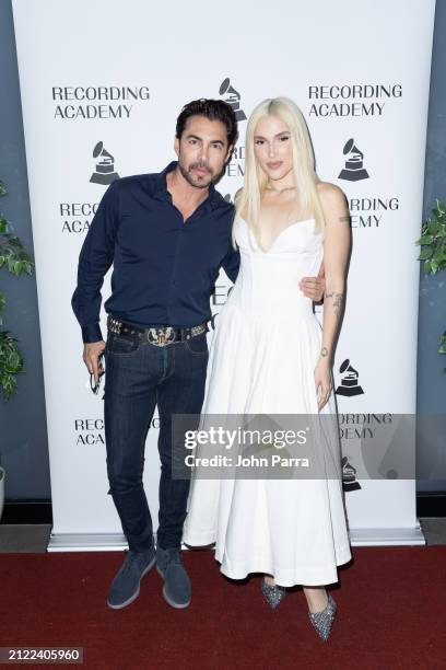 Nicolas Felizola and Elena Rose are seen at the Up Close & Personal With Songwriters Elena Rose & Erika Ender at Alacran Studios on March 28, 2024 in...