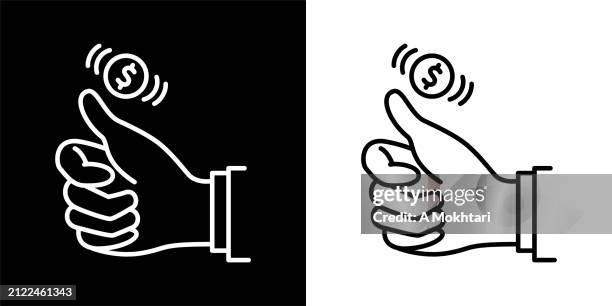 handsymbol mit kopf oder zahl. - flipping a coin stock-grafiken, -clipart, -cartoons und -symbole