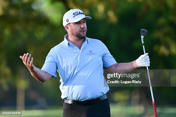 Ben Taylor of England reacts on the third hole during the second round of the Texas Children's Houston Open at Memorial Park Golf Course on March 29,...