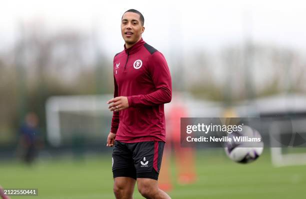 Youri Tielenmans of Aston Villa in action during training session at Bodymoor Heath training ground on March 29, 2024 in Birmingham, England.