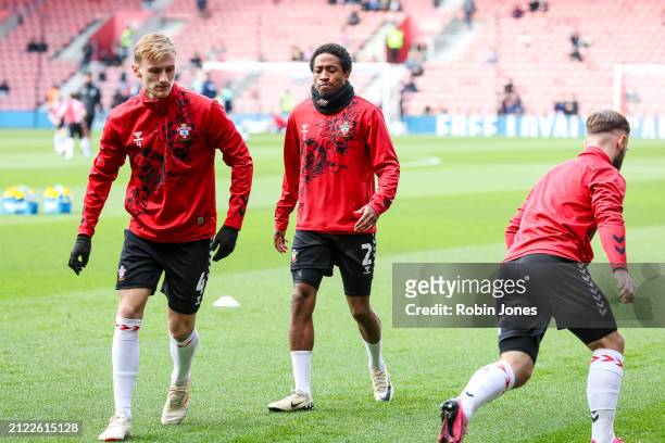 Kyle Walker-Peters of Southampton during warm-up before the Sky Bet Championship match between Southampton FC and Middlesbrough at St. Mary's Stadium...