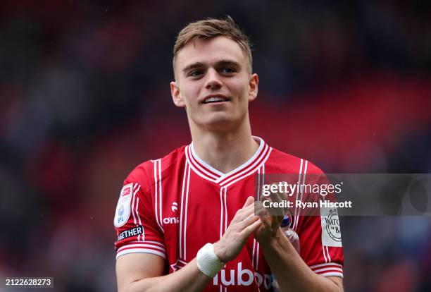 Scott Twine of Bristol City applauds the fans after the team's victory in the Sky Bet Championship match between Bristol City and Leicester City at...