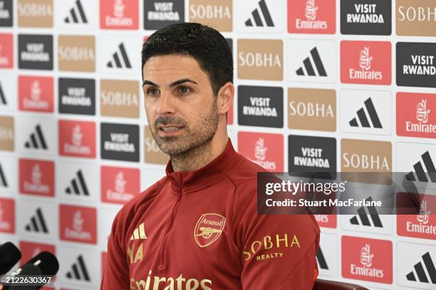 Arsenal manager Mikel Arteta attends a press conference at Sobha Realty Training Centre on March 29, 2024 in London Colney, England.