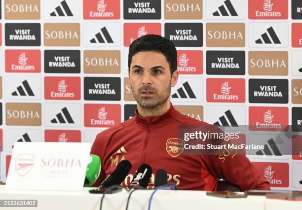 Arsenal manager Mikel Arteta attends a press conference at Sobha Realty Training Centre on March 29, 2024 in London Colney, England.