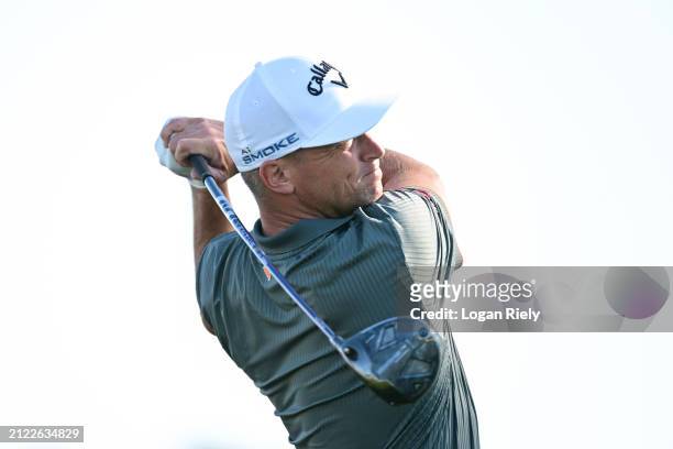 Alex Noren of Sweden hits a tee shot on the fourth hole during the second round of the Texas Children's Houston Open at Memorial Park Golf Course on...