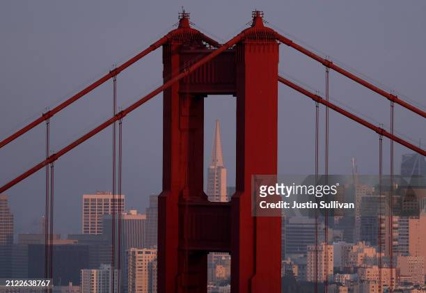 The Golden Gate Bridge stands in front of the San Francisco skyline on March 28, 2024 in Sausalito, California.