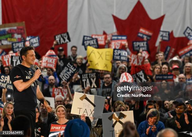 Leader of Canada's Conservative Party, Pierre Poilievre, speaks during a 'Spike the Hike - Axe the Tax' rally in Edmonton, on March 27 in Edmonton,...