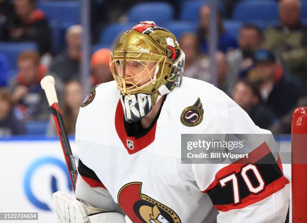 Joonas Korpisalo of the Ottawa Senators tends goal against the Buffalo Sabres during an NHL game on March 27, 2024 at KeyBank Center in Buffalo, New...