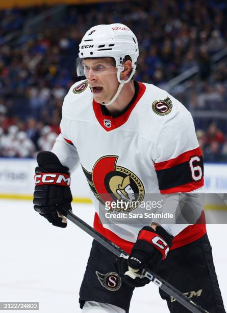 Jakob Chychrun of the Ottawa Senators skates against the Buffalo Sabres during an NHL game on March 27, 2024 at KeyBank Center in Buffalo, New York.
