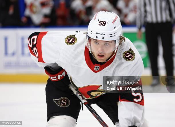 Angus Crookshank of the Ottawa Senators prepares for a faceoff against the Buffalo Sabres during an NHL game on March 27, 2024 at KeyBank Center in...