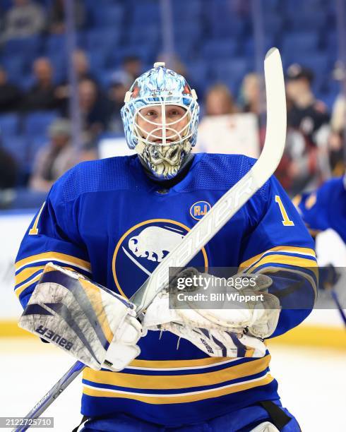 Ukko-Pekka Luukkonen of the Buffalo Sabres warms up prior to an NHL game against the Ottawa Senators on March 27, 2024 at KeyBank Center in Buffalo,...