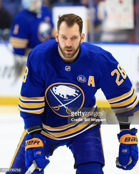Zemgus Girgensons of the Buffalo Sabres warms up prior to an NHL game against the Ottawa Senators on March 27, 2024 at KeyBank Center in Buffalo, New...