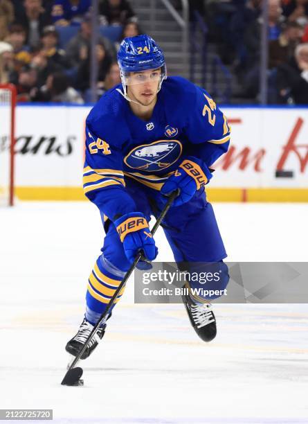 Dylan Cozens of the Buffalo Sabres skates against the Ottawa Senators during an NHL game on March 27, 2024 at KeyBank Center in Buffalo, New York.