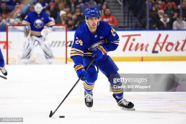 Dylan Cozens of the Buffalo Sabres skates against the Ottawa Senators during an NHL game on March 27, 2024 at KeyBank Center in Buffalo, New York.