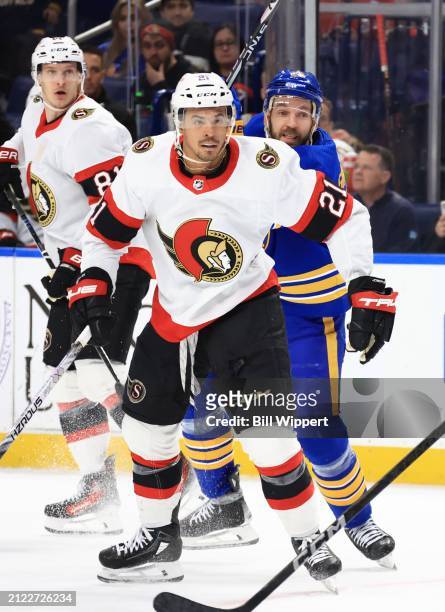 Mathieu Joseph of the Ottawa Senators skates against the Buffalo Sabres during an NHL game on March 27, 2024 at KeyBank Center in Buffalo, New York.