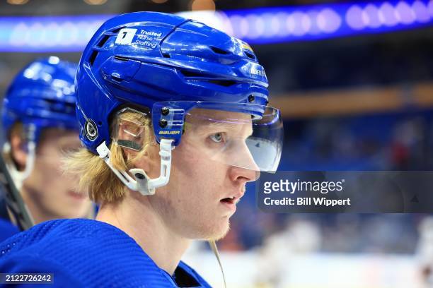 Rasmus Dahlin of the Buffalo Sabres warms up prior to an NHL game against the Ottawa Senators on March 27, 2024 at KeyBank Center in Buffalo, New...