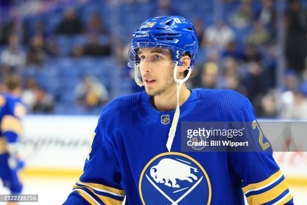 Dylan Cozens of the Buffalo Sabres warms up prior to an NHL game against the Ottawa Senators on March 27, 2024 at KeyBank Center in Buffalo, New York.