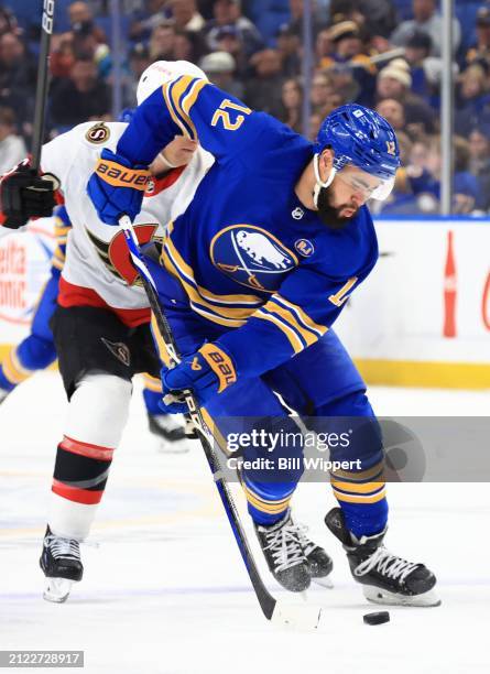 Jordan Greenway of the Buffalo Sabres skates against the Ottawa Senators during an NHL game on March 27, 2024 at KeyBank Center in Buffalo, New York.