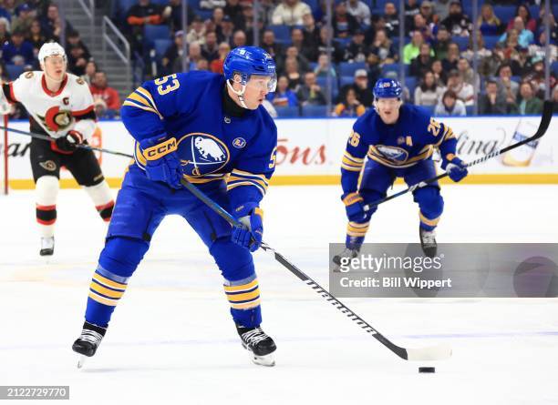 Jeff Skinner of the Buffalo Sabres skates against the Ottawa Senators during an NHL game on March 27, 2024 at KeyBank Center in Buffalo, New York.