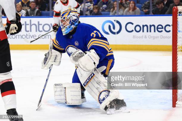 Devon Levi of the Buffalo Sabres tends goal against the Ottawa Senators during an NHL game on March 27, 2024 at KeyBank Center in Buffalo, New York.