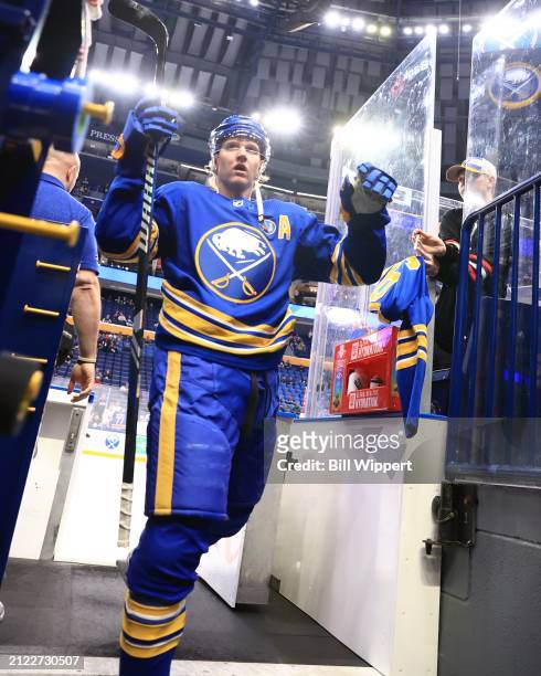 Rasmus Dahlin of the Buffalo Sabres warms up prior to an NHL game against the Ottawa Senators on March 27, 2024 at KeyBank Center in Buffalo, New...