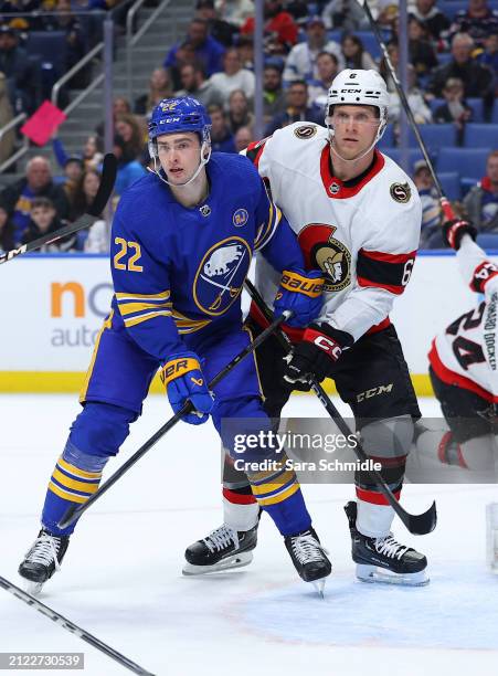 Jack Quinn of the Buffalo Sabres skates against Jakob Chychrun of the Ottawa Senators during an NHL game on March 27, 2024 at KeyBank Center in...