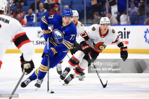 Peterka of the Buffalo Sabres skates against the Ottawa Senators during an NHL game on March 27, 2024 at KeyBank Center in Buffalo, New York.