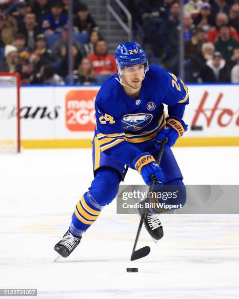 Dylan Cozens of the Buffalo Sabres skates against the Ottawa Senators during an NHL game on March 27, 2024 at KeyBank Center in Buffalo, New York.